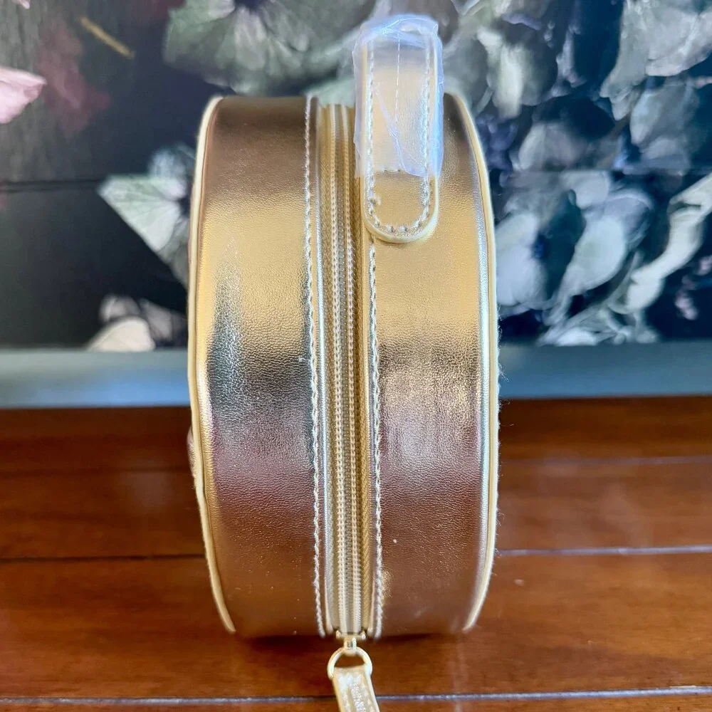 NEW GOLD BOW ROUND COSMETIC BAG with Mirror Bath & Body Works